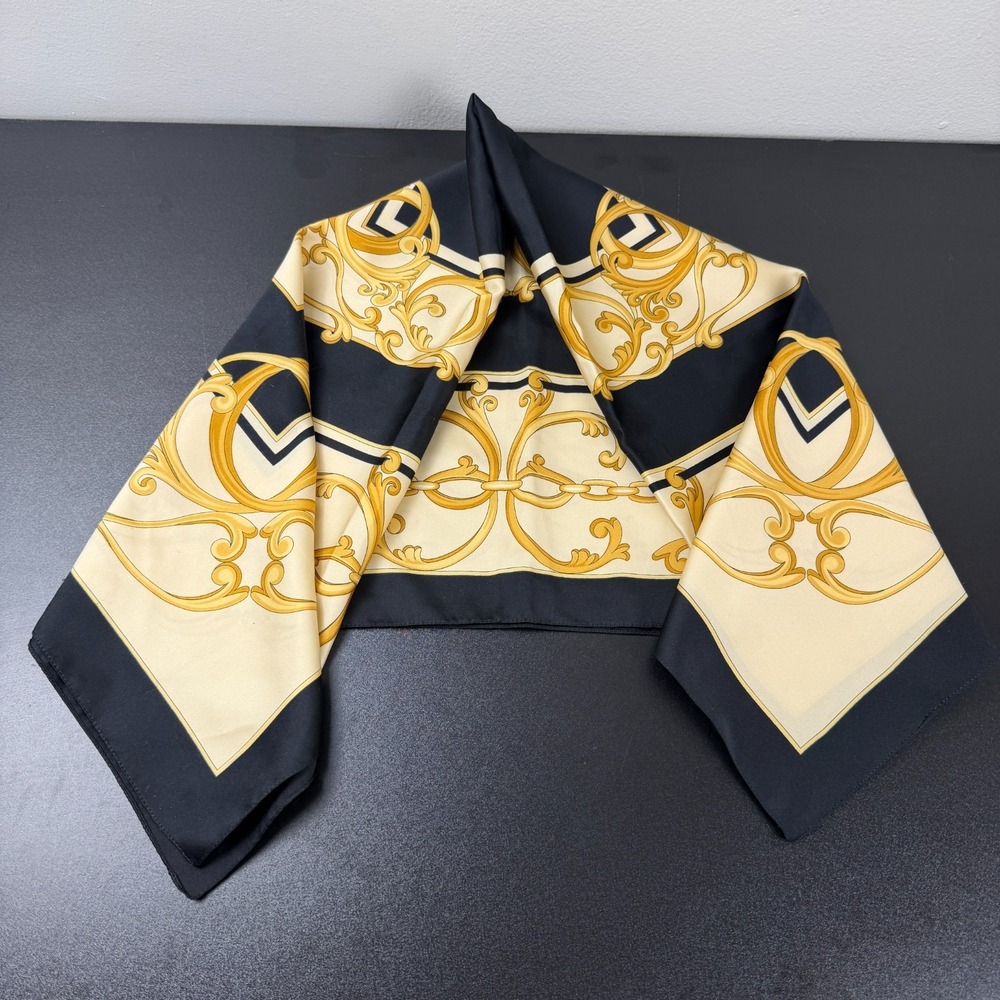 Tie Rack Square Scarf Womens Black Cream 100% Polyester Baroque Print Made Italy